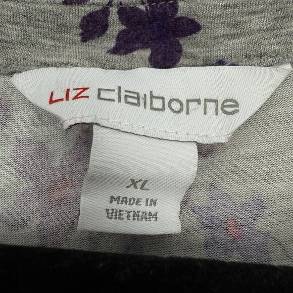 Liz Claiborne Henley top size XL Gray Purple Floral Long Sleeve Pullover - Picture 7 of 9